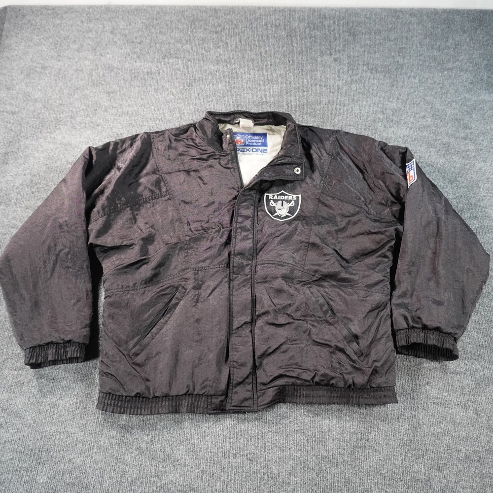 Vintage Apex One NFL Raiders Jacket Mens Large Black Embroidered Zip Bomber Logo
